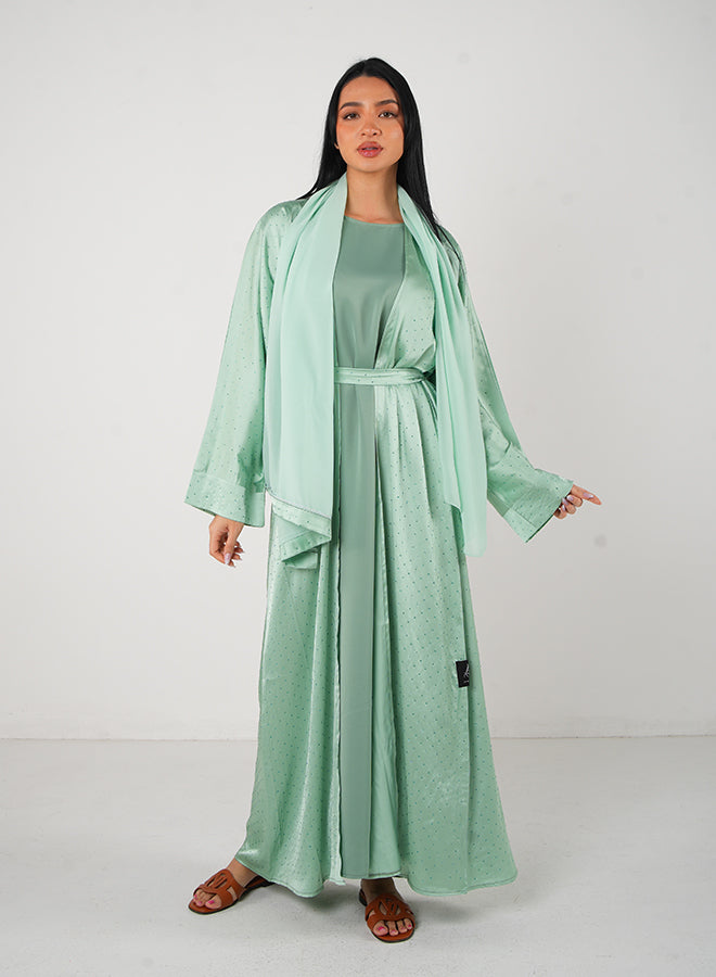 Jameela Mint Green Satin Open Abaya with Stone Embellishments & Matching Hijab – Elegant Modest Wear for Women