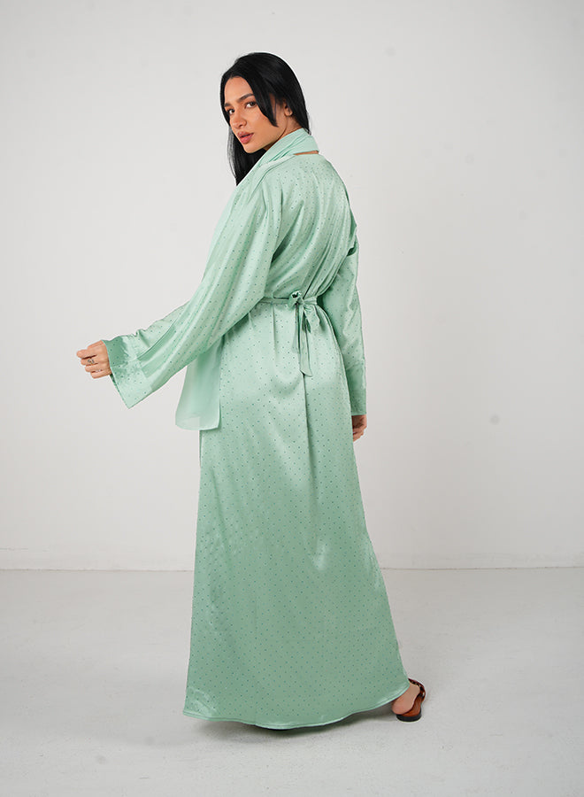 Jameela Mint Green Satin Open Abaya with Stone Embellishments 3pcs Set Jameela Mint Green Satin Open Abaya with Stone Embellishments 3pcs Set