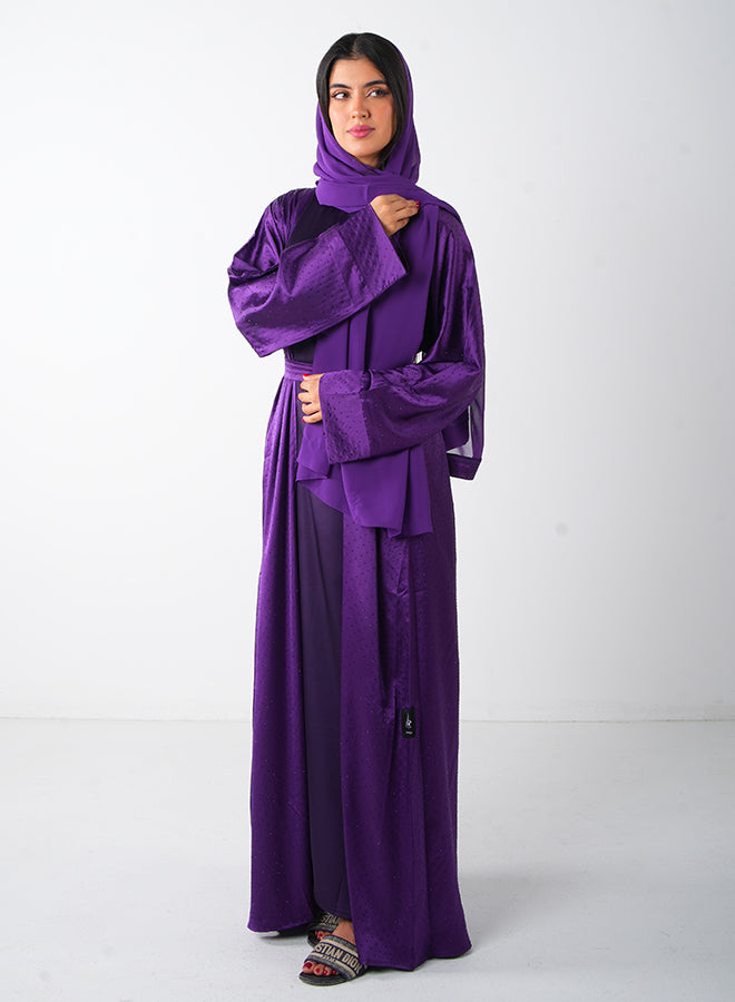 Purple Satin Open Stone Embellishment Abaya (3pcs Set Inner, Belt & Hijab)