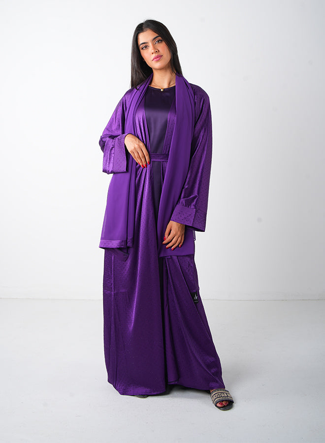 Purple Satin Open Stone Embellishment Abaya (3pcs Set Inner, Belt & Hijab)