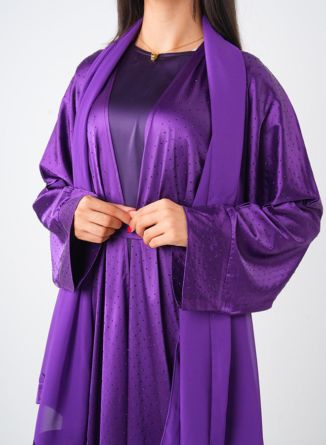 Purple Satin Open Stone Embellishment Abaya (3pcs Set Inner, Belt & Hijab)