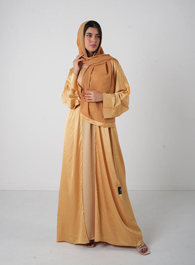 Gold Satin Open Stone Embellishment Abaya (3pcs Set Inner, Belt Hijab