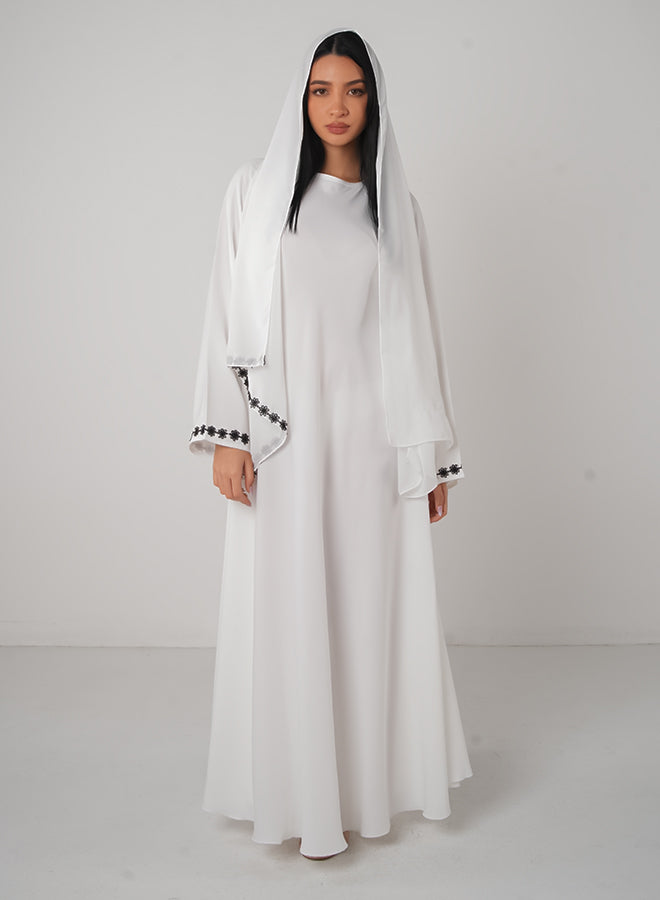 White Embroidery Satin Close Abaya (2pcs Set)