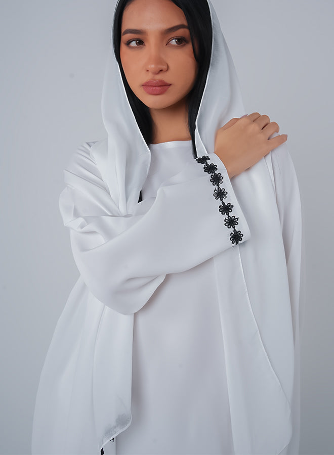 White Embroidery Satin Close Abaya (2pcs Set)