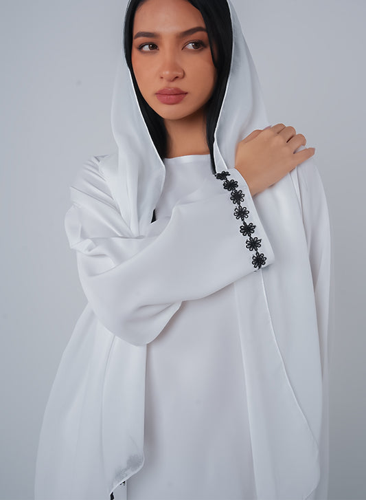 White Embroidery Satin Close Abaya (2pcs Set)