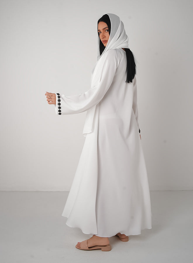 White Embroidery Satin Close Abaya (2pcs Set)