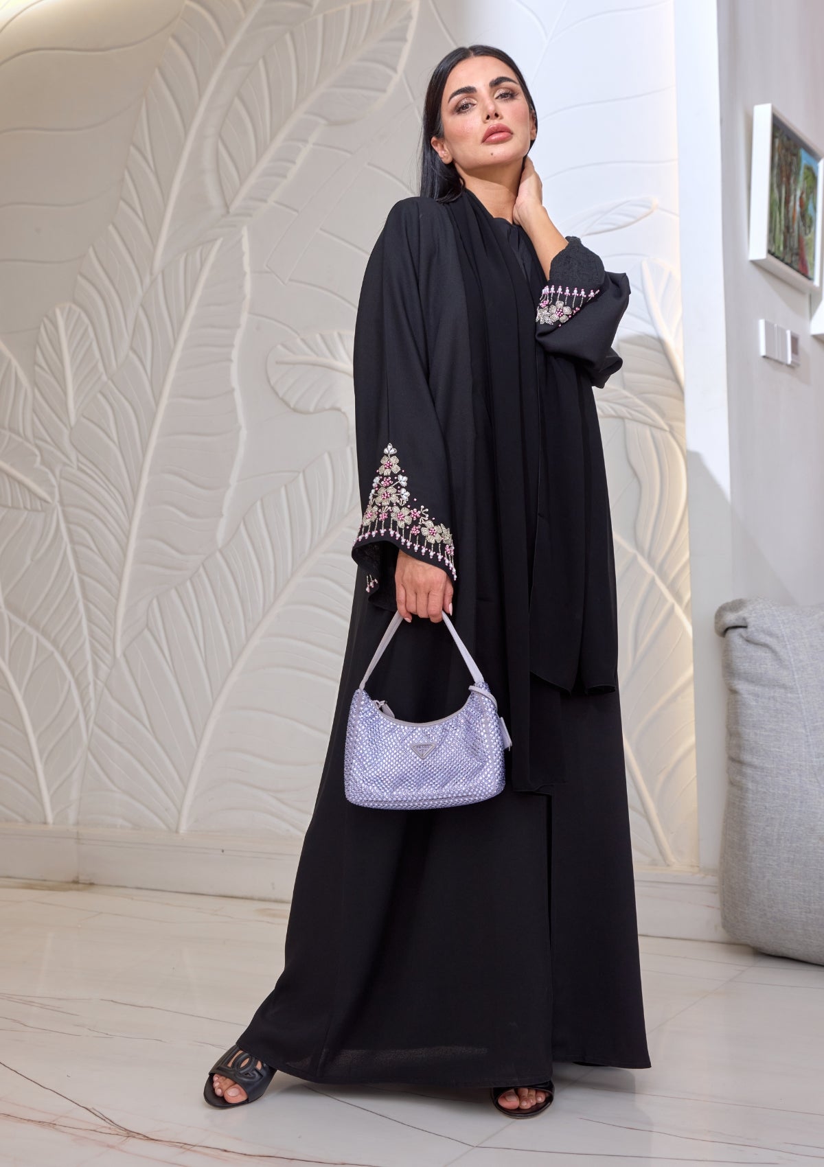 Black Abaya with Stone Embroidery on Sleeves