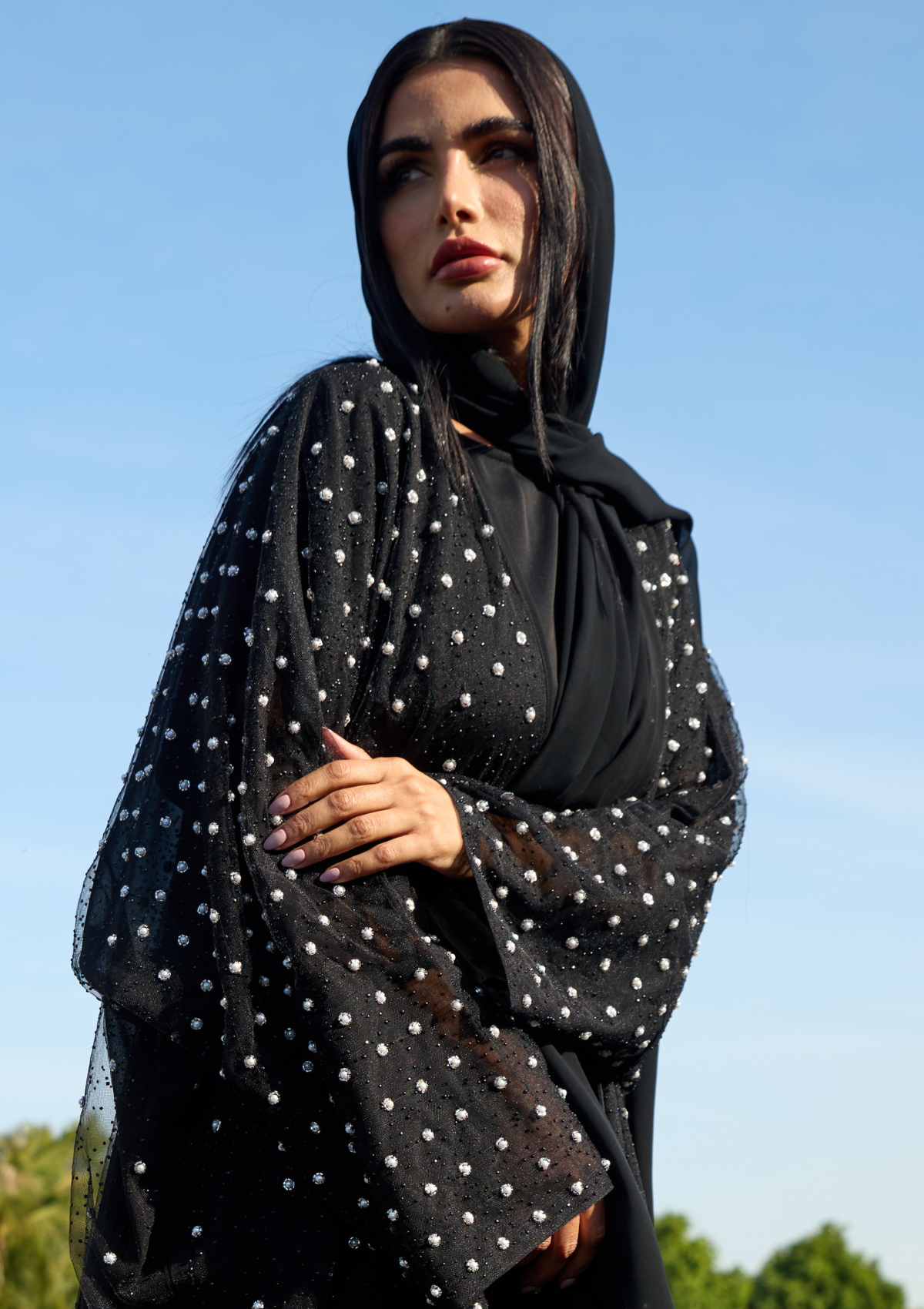 Black Fashion Abaya with Pearl Embellishment