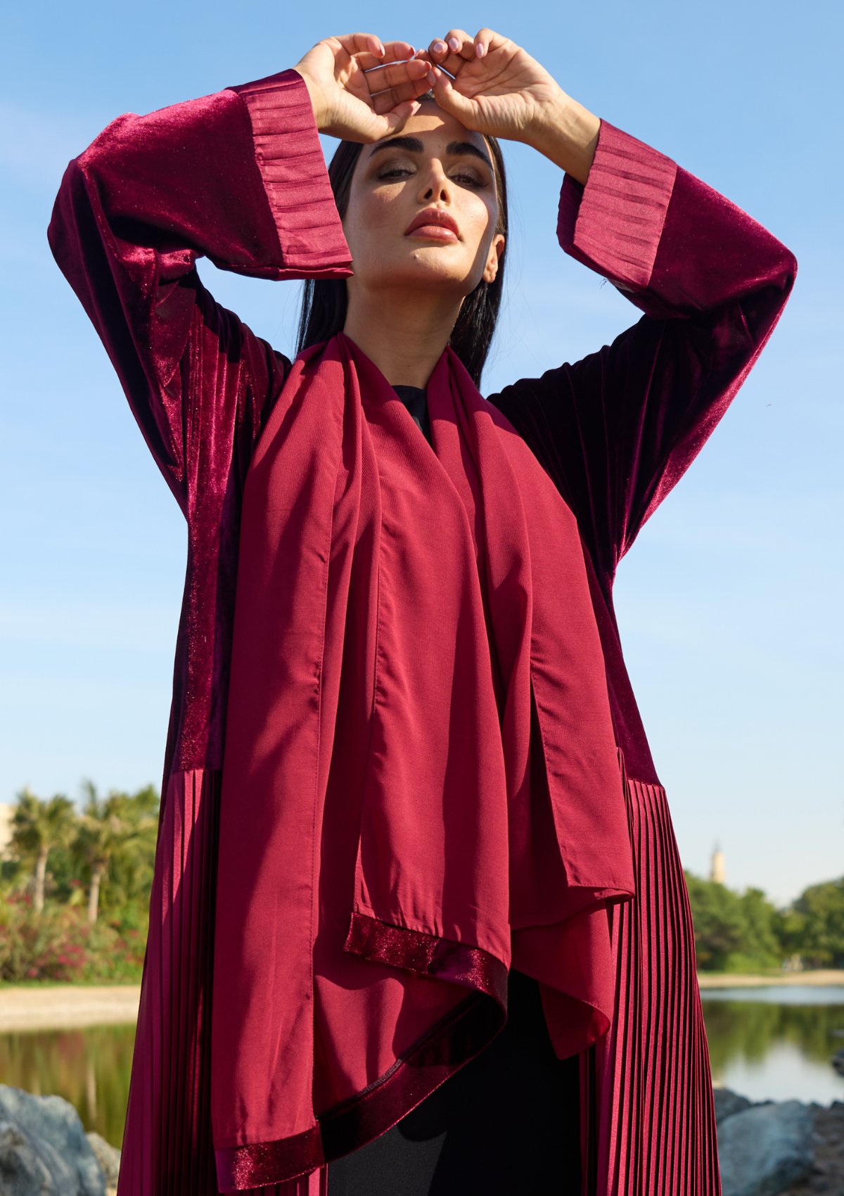 Maroon Velvet Abaya with Pleated Panel