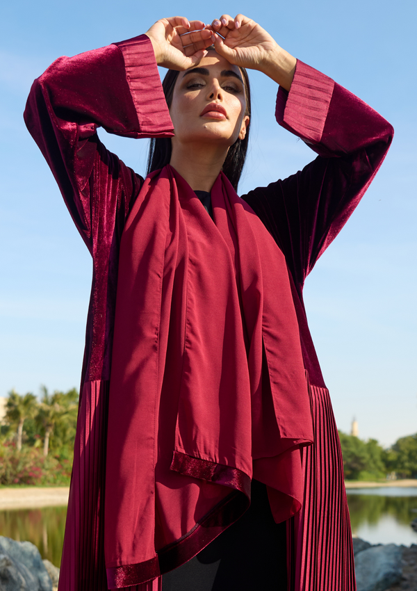 Jameela Maroon Velvet Abaya with Pleated Panel – Elegant Modest Fashion for Women