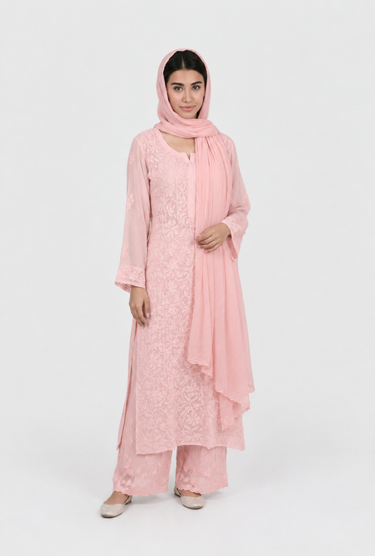 Lucknowi Chikankari Georgette 3-Piece Kurta Set